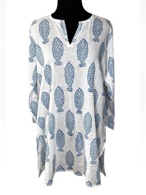 Oliphant Tunic White Blue S Small Swim Coverup Beach Lightweight Cotton Dress